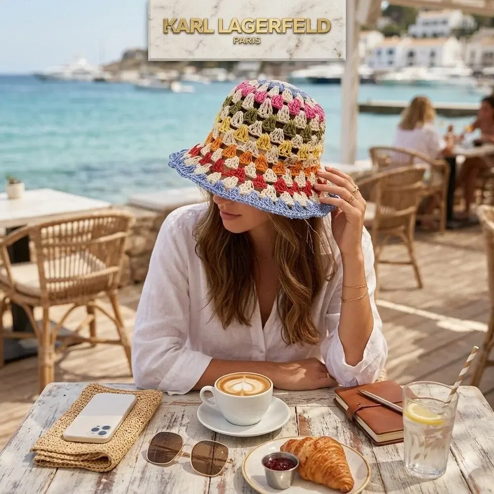 Karl Lagerfeld Paris Kolorful Karl Striped Crochet Bucket Hat NWOT